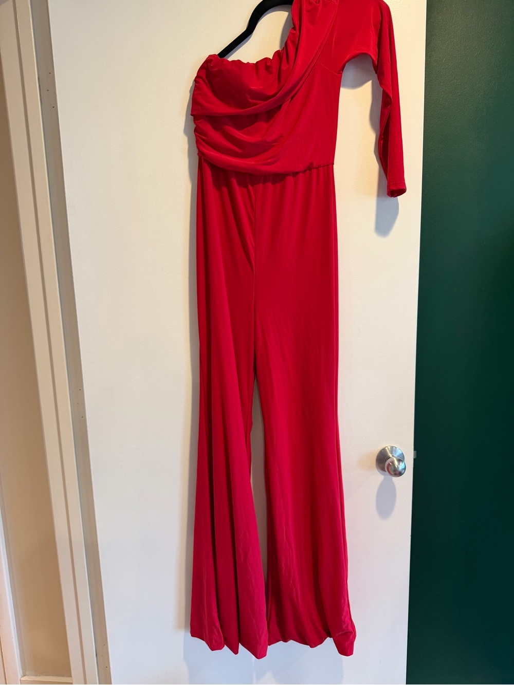 Club L London Red One-Shoulder Draped Wide-Leg Jumpsuit